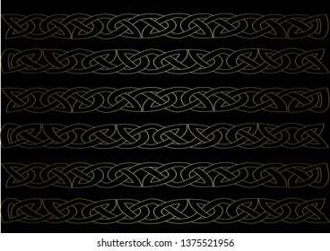 Vector illustration Abstract Celtic ornament. Celtic gold patterns on a black background. Fantasy of Celtic chains and plexuses. Simple Celtic braided print. Gold plated chains.