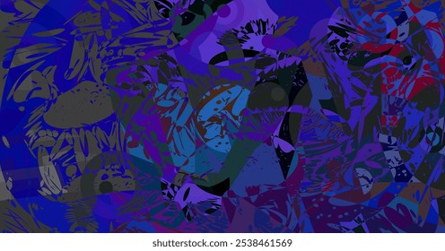  Vector illustration is an abstract, chaotic composition featuring layered shapes, brushstrokes, and splatters in deep purples, blues, and hints of other colors. 