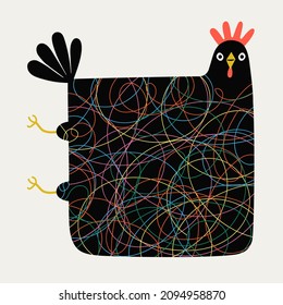 Vector illustration with abstract chicken with colored lines. Funny print design, home decoration poster template