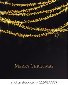 Vector illustration abstract Christmas background. Lights on black background. Gold Holiday New year glitter.