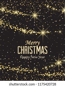 Vector illustration abstract Christmas background. Lights on black background. Gold Holiday New year glitter.