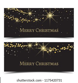 Vector illustration abstract Christmas background and banners. Lights on black background. Gold Holiday New year glitter.