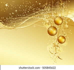 Vector illustration. Abstract Christmas background with gold balls and stars.