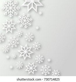 Vector illustration abstract Christmas Background with volumetric snowflakes. Winter paper art design. White 3D snowflakes with shadow. Xmas and new year card template