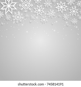 Vector illustration abstract Christmas Background with volumetric snowflakes. Winter paper art design. White 3D snowflakes with shadow. Xmas and new year background with shining stars