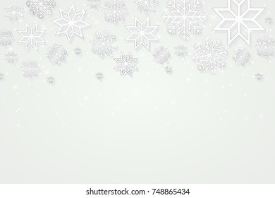 Vector illustration abstract Christmas Background with volumetric snowflakes. Winter paper art design. White 3D snowflakes with shadow. Xmas and new year background with shining stars