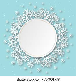 Vector illustration abstract Christmas Background with volumetric snowflakes and round frame. Winter paper art design. White 3D snowflakes with shadow. Xmas and new year card template
