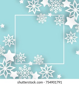 Vector illustration abstract Christmas Background with volumetric snowflakes and stars. Winter paper art design. White 3D snowflakes with shadow. Xmas and new year card template