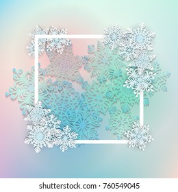 Vector illustration abstract Christmas background with volumetric snowflakes. Winter paper art design. 3D snowflakes with shadow. Xmas and new year card template 