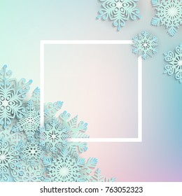 Vector illustration abstract Christmas Background with volumetric snowflakes. Winter paper art design. 3D snowflakes with shadow. Xmas and new year card template (clipping mask used)

