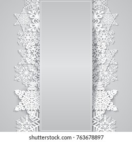 Vector illustration abstract Christmas background with volumetric snowflakes. Winter paper art design. 3D snowflakes with shadow. Xmas and new year card template with place for text