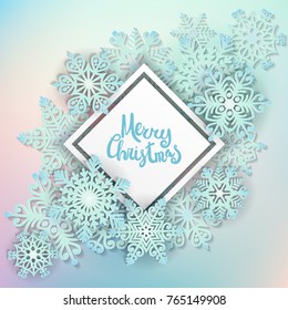 Vector illustration abstract Christmas background with volumetric snowflakes. Winter paper art design. 3D snowflakes with shadow. Xmas and new year card template 