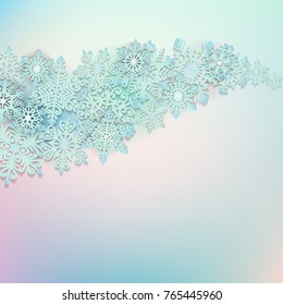 Vector illustration abstract Christmas background with volumetric snowflakes. Winter paper art design. 3D snowflakes wave with shadow. Xmas and new year card template 