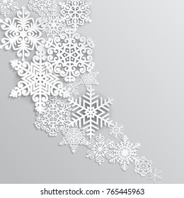 Vector illustration abstract Christmas background with volumetric snowflakes. Winter paper art design. 3D snowflakes with shadow. Xmas and new year card template 