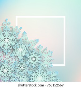 Vector illustration abstract Christmas Background with volumetric snowflakes. Winter paper art design. 3D snowflakes with shadow. Xmas and new year card template (clipping mask used)