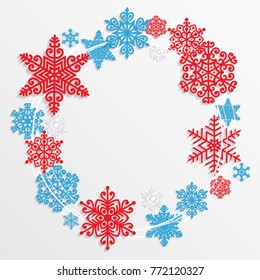 Vector illustration abstract Christmas Background with volumetric snowflakes and round frame. Winter paper art design. White 3D snowflakes with shadow. Xmas and new year card template
