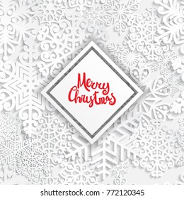 Vector illustration abstract Christmas background with volumetric snowflakes. Winter paper art design. 3D snowflakes with shadow. Xmas and new year card template 