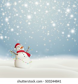 Vector Illustration of an Abstract Christmas Greeting Card with Sparkling Stars and a Snowman