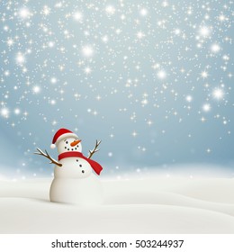 Vector Illustration of an Abstract Christmas Greeting Card with Sparkling Stars and a Snowman