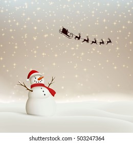 Vector Illustration of an Abstract Christmas Greeting Card with Sparkling Stars and a Snowman