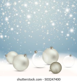 Vector Illustration of an Abstract Christmas Greeting Card with Sparkling Stars, Snow and Baubles 