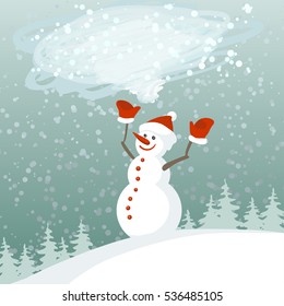 Vector Illustration of an Abstract Christmas Greeting Card with Snowman with a blizzard bubble for text on winter background. Eps-8