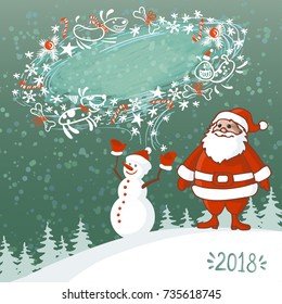 Vector Illustration of an Abstract Christmas Greeting Card with Snowman, Santa Claus and blizzard bubble for text with happy dogs on winter background. Eps-8