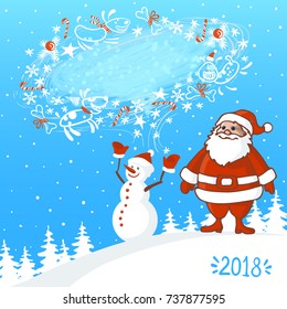 Vector Illustration of an Abstract Christmas Greeting Card with Snowman, Santa Claus and blizzard bubble for text with happy dogs on winter background. Eps-8