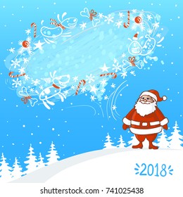 Vector Illustration of an Abstract Christmas Greeting Card with Santa Claus and blizzard bubble for text with happy dogs on winter background. Eps-8