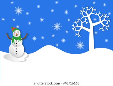 Vector Illustration of an Abstract Christmas Greeting Card with Sparkling Stars and a Snowman. paper art.