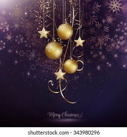 Vector illustration. Abstract Christmas snowflakes background with gold balls and stars. 