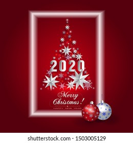 Vector illustration with abstract christmas tree cut out of paper stars and snowflakes in a glowing neon frame. Christmas tree with 2020 sign, Christmas balls and the inscription Merry Christmas