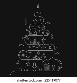 Vector illustration of Abstract Christmas tree in line style with elements of Christmas, New Year, winter themes