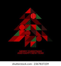Ilustración vectorial con árbol de Navidad abstracto para planilla de volante, tarjeta de saludo, afiche, banner o medios sociales. Feliz Año Nuevo y Feliz Navidad. Árbol de Navidad de formas geométricas.
