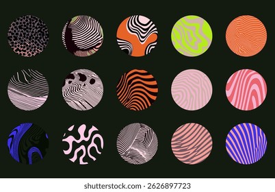 Vector illustration of abstract circles with colorful, wavy, and striped patterns. Each circle has a unique design and color scheme on a dark background, creating a modern, artistic look.