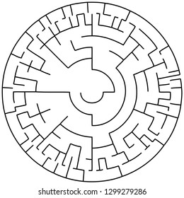 Vector illustration of an abstract circular maze. Round labirinth. Black and white pattern.