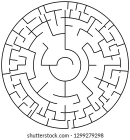 Vector illustration of an abstract circular maze. Round labirinth. Black and white pattern.