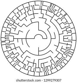 Vector illustration of an abstract circular maze. Round labirinth. Black and white pattern.