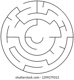 Vector illustration of an abstract circular maze. Round labirinth. Black and white pattern.