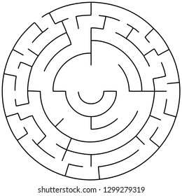 Vector illustration of an abstract circular maze. Round labirinth. Black and white pattern.