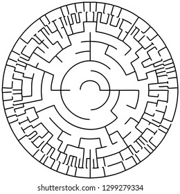 Vector illustration of an abstract circular maze. Round labirinth. Black and white pattern.