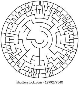 Vector illustration of an abstract circular maze. Round labirinth. Black and white pattern.
