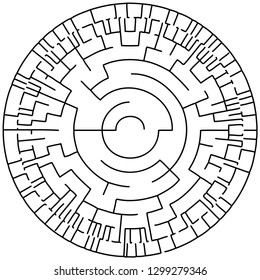 Vector illustration of an abstract circular maze. Round labirinth. Black and white pattern.