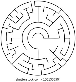 Vector illustration of an abstract circular maze. Round labirinth. Black and white pattern.