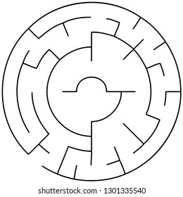 Vector illustration of an abstract circular maze. Round labirinth. Black and white pattern.