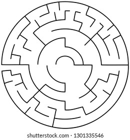 Vector illustration of an abstract circular maze. Round labirinth. Black and white pattern.
