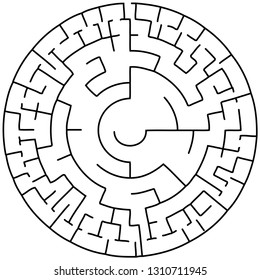 Vector illustration of an abstract circular maze. Round labirinth. Black and white pattern.