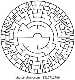 Vector illustration of an abstract circular maze. Round labirinth. Black and white pattern.