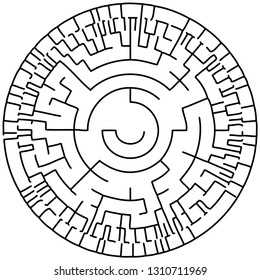 Vector illustration of an abstract circular maze. Round labirinth. Black and white pattern.