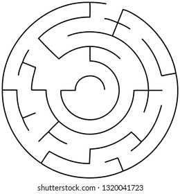 Vector illustration of an abstract circular maze. Round labirinth. Black and white pattern.